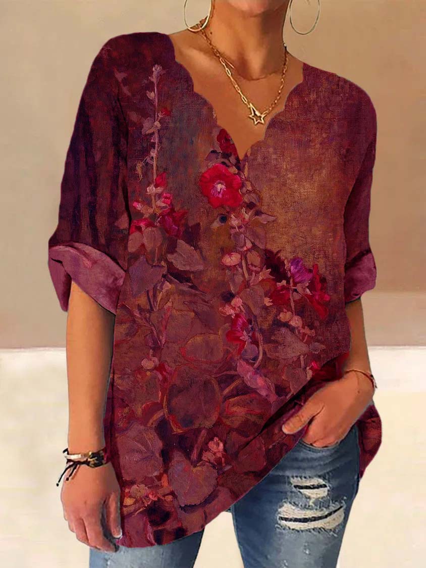 Women's Wavy Collar Cotton Linen Vintage Floral Print Long Sleeve Shirt