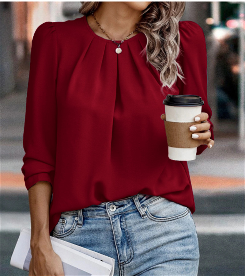 Women's Crewneck Ruched Long Sleeve Blouse Solid Color Relaxed Fit