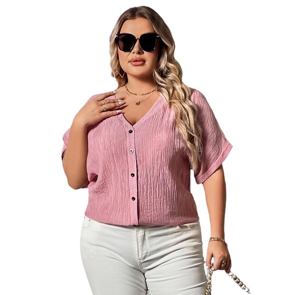 Women's Linen-Blend V-Neck Button Short-Sleeve Shirt Loose Fit