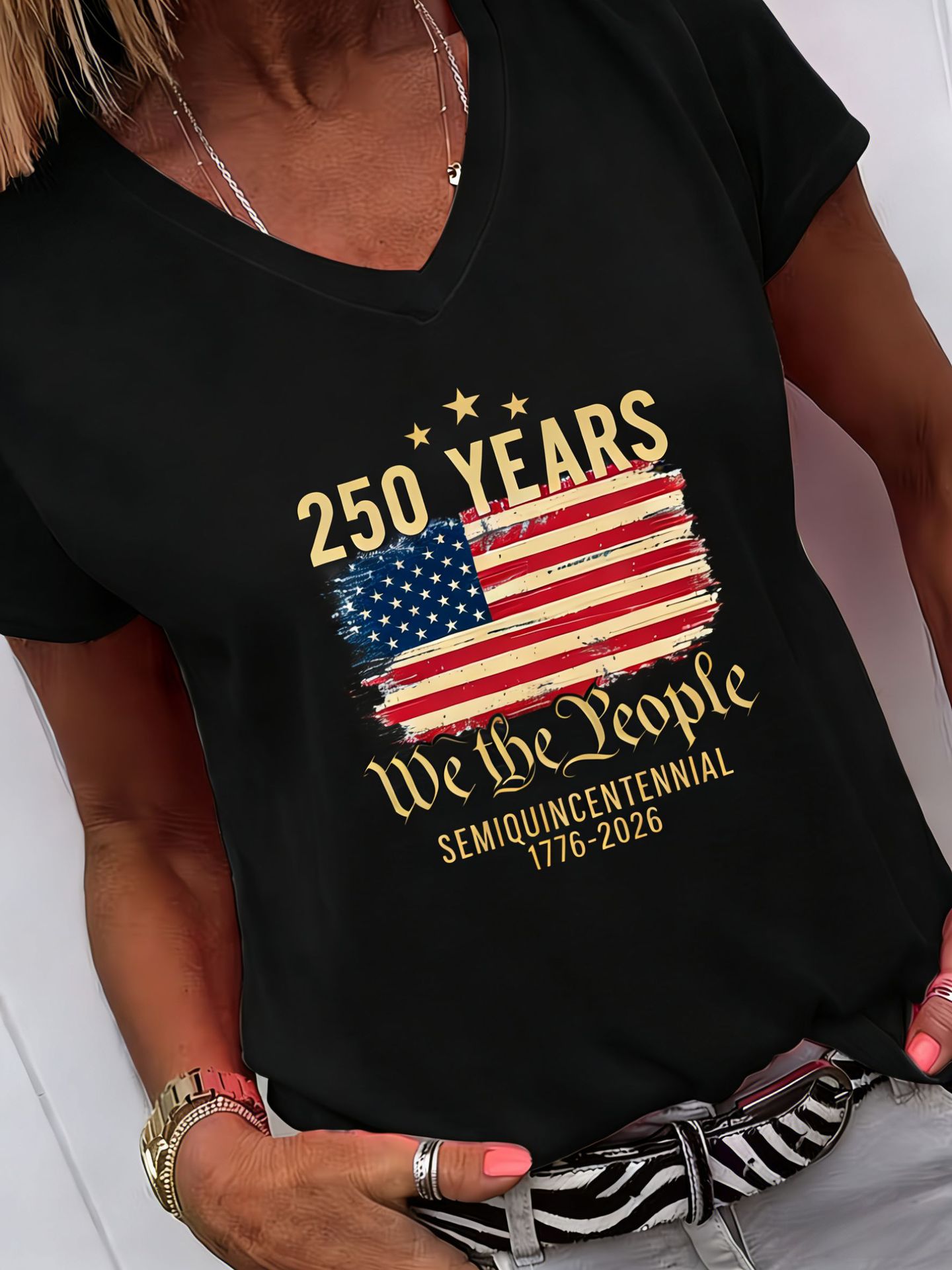 V-Neck 250th Anniversary American Flag Print T-Shirt