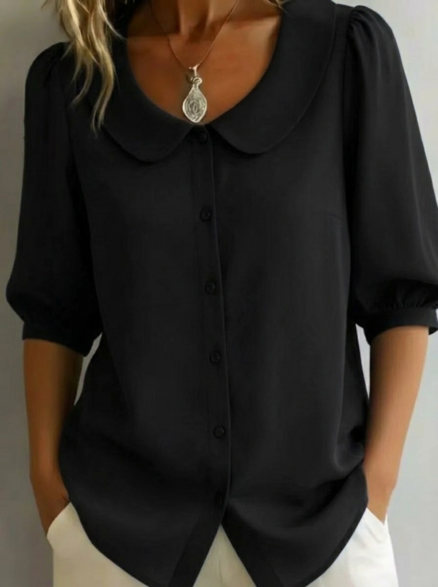 Women's French Collar Half-Sleeve Chiffon Button-Up Blouse with Puff Sleeves