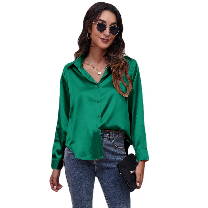 Satin Shirt for Women Faux Silk Long Sleeve Button-Down Blouse