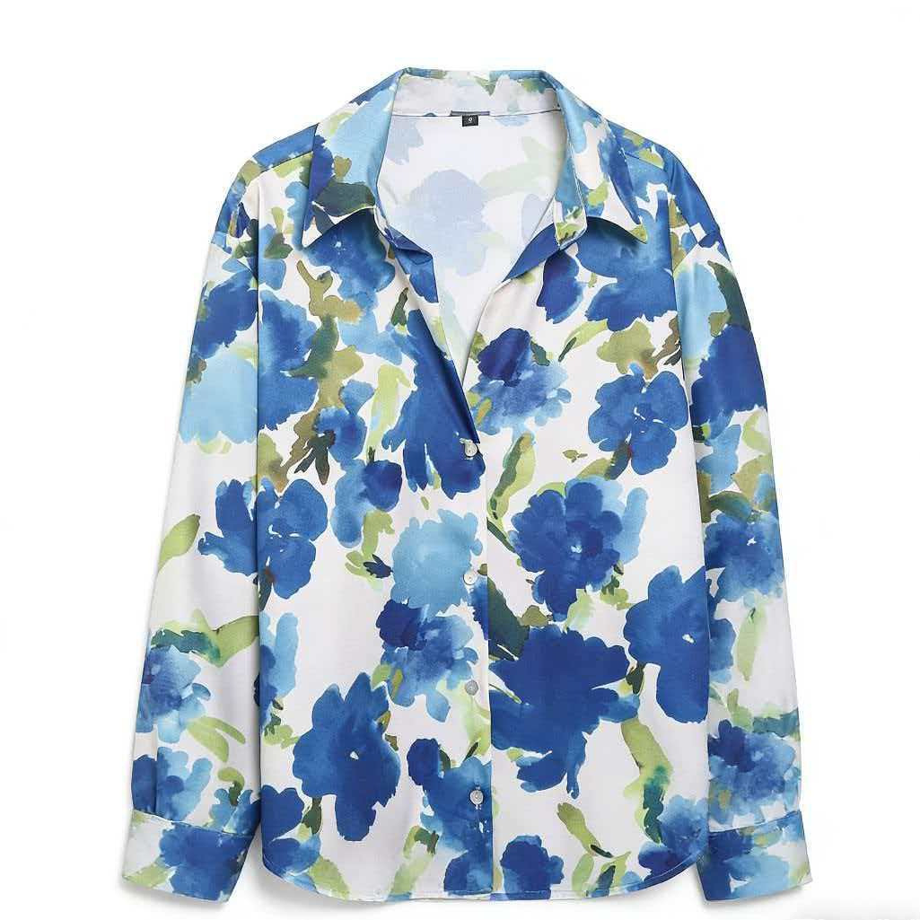 Women's Satin-Feel Printed Button-Down Shirt