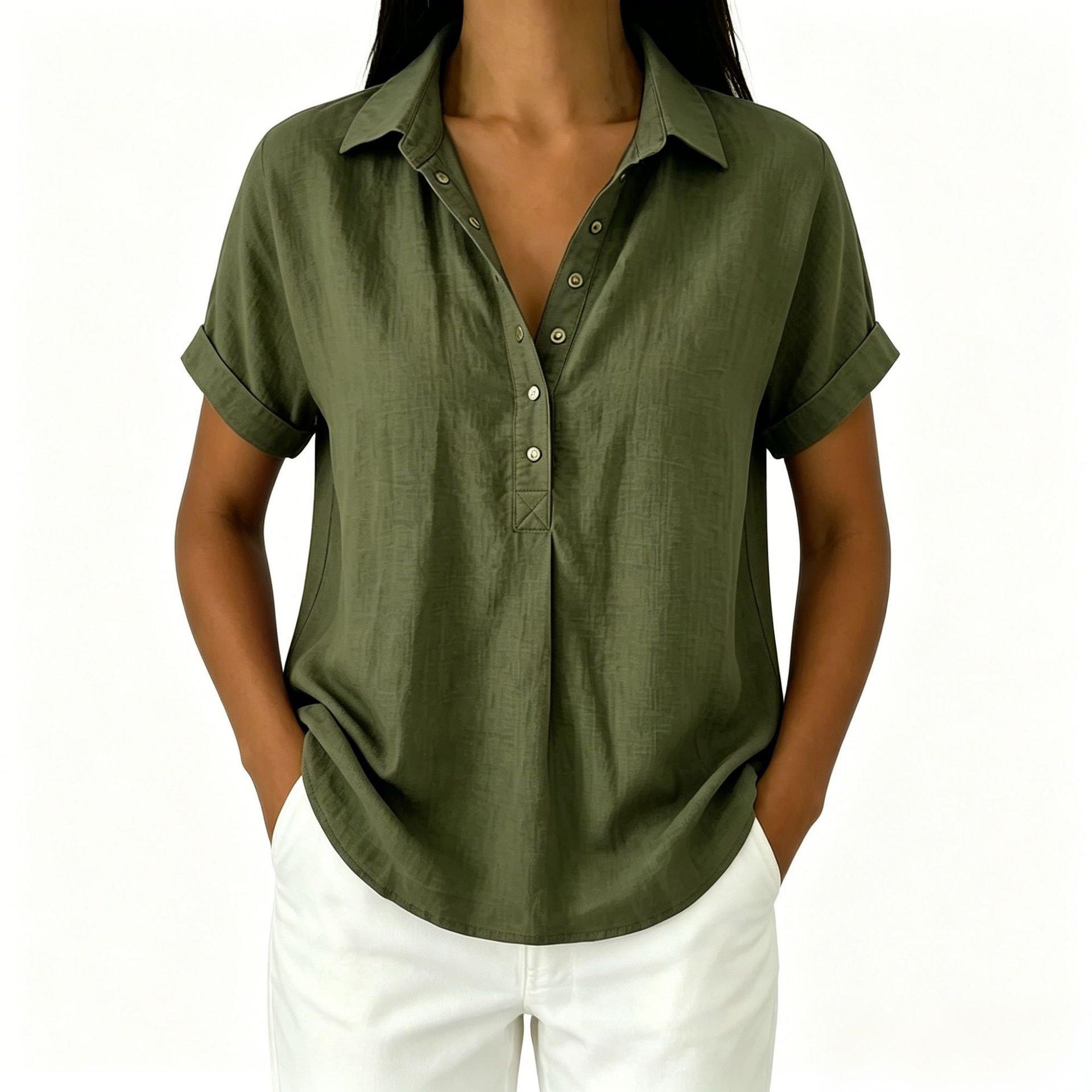 Women's Cotton-Linen Collared Shirt Loose Single-Breasted Short-Sleeve Blouse