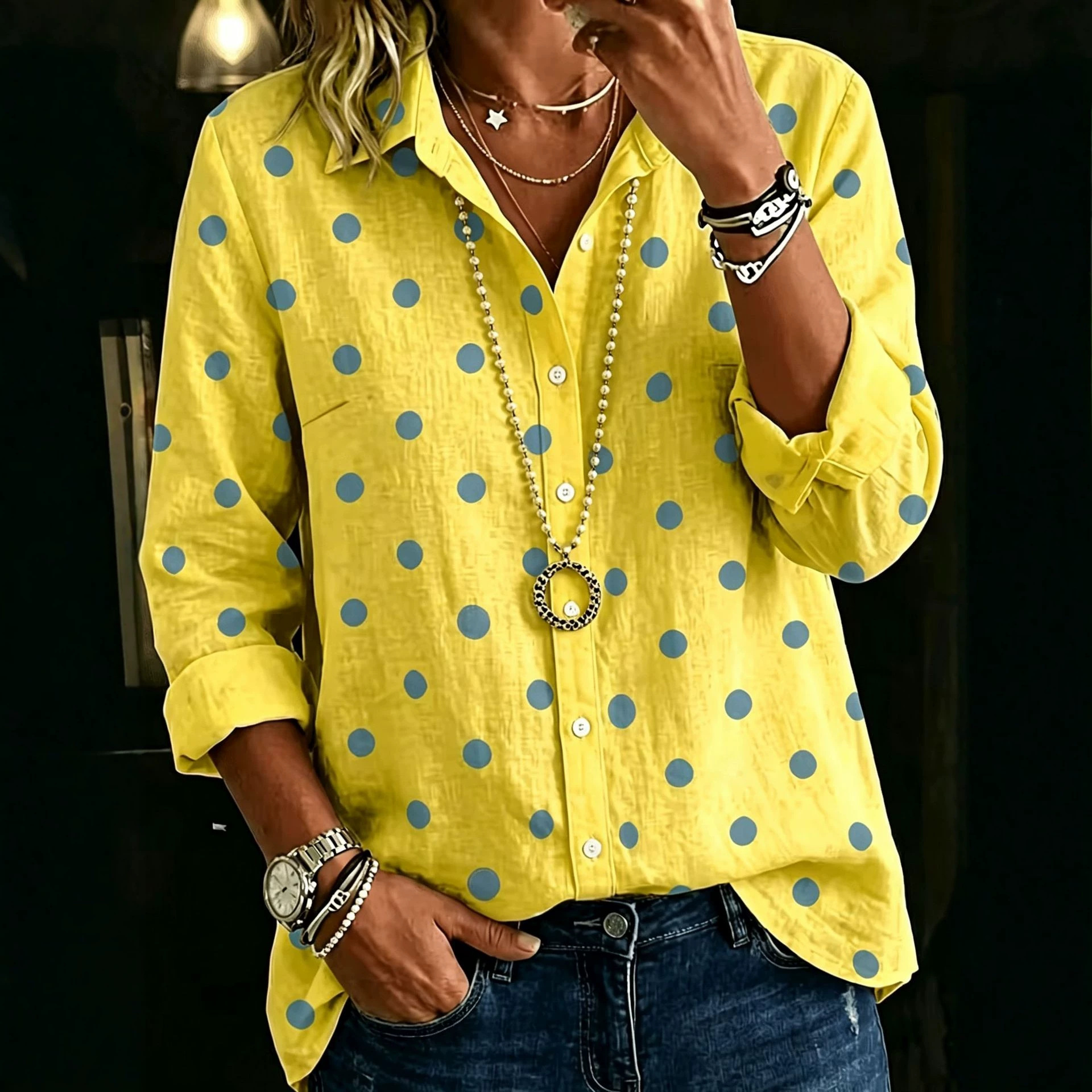 Women's Polka Dot Print Long Sleeve Button-Front Shirt