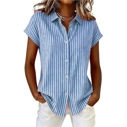 Women's Striped Print Short Sleeve Button-Front Shirt