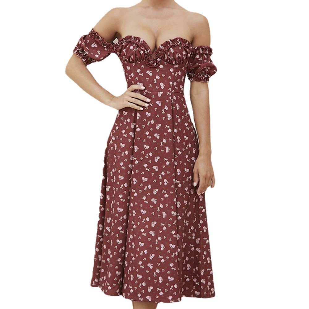 Women's Off-Shoulder Floral Dress Short Sleeve Slit Midi
