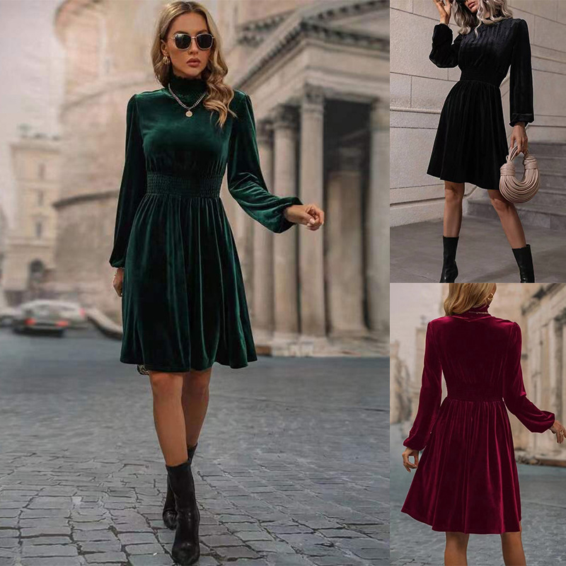 Velvet Long Sleeve Midi Dress with Stand Collar and Puff Sleeves