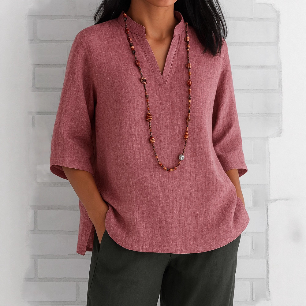 Women's V-Neck 3/4 Sleeve Cotton-Linen Loose Casual Shirt