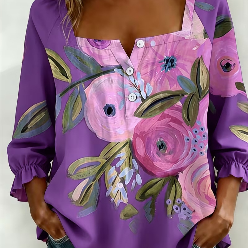 Women's Elegant Floral Print Button-Front Long-Sleeve Blouse