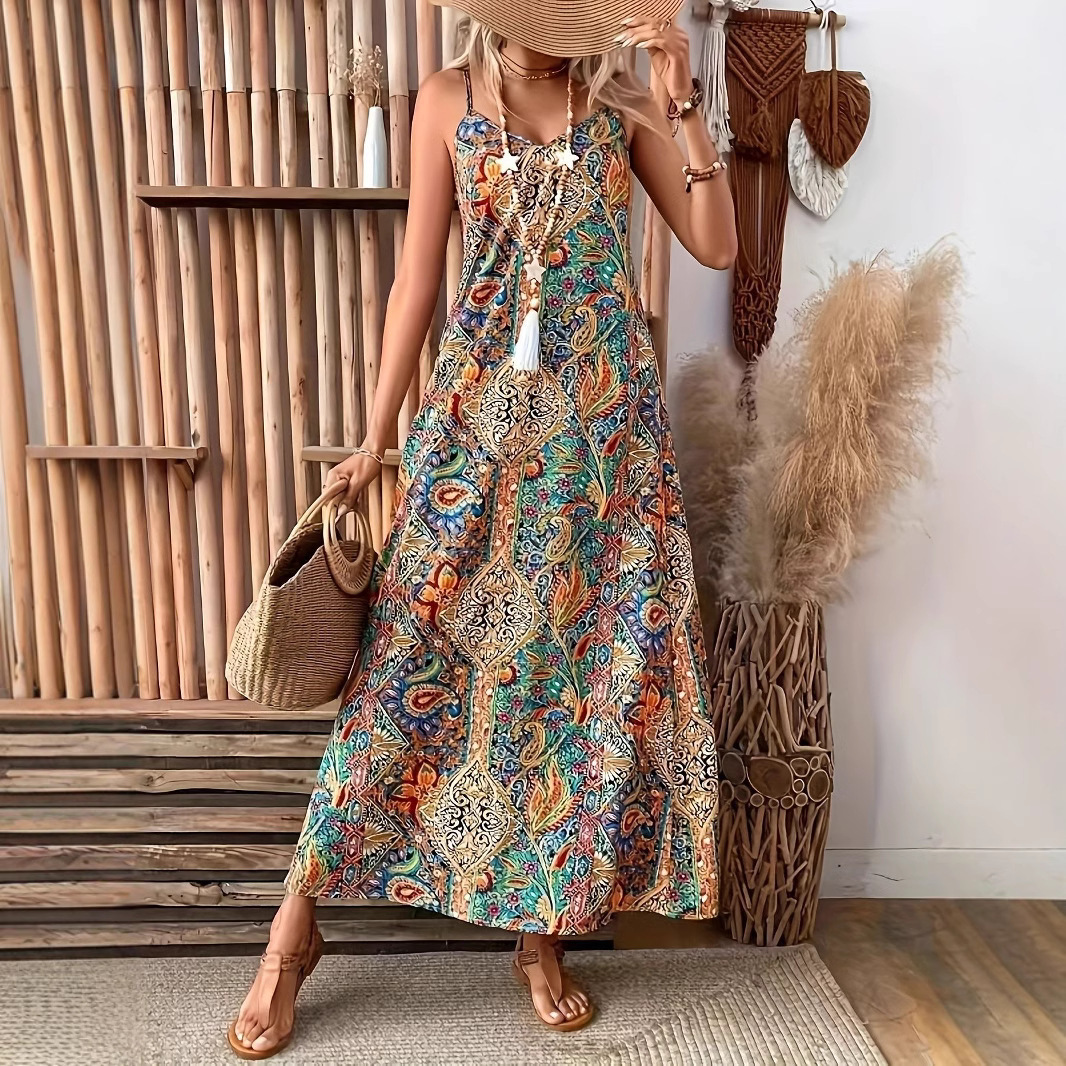 Women's Bohemian V-Neck Sleeveless A-Line Maxi Dress Floral Print