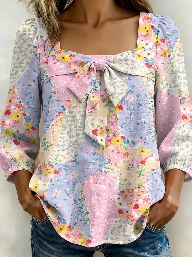 Women's Floral 3D Print Button-Front Shirt with Collar