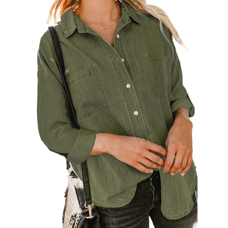 Women's Denim Shirt Loose Fit Double Pocket Long Sleeve Casual Jacket
