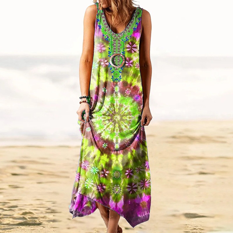 Vintage Spiral Tie-Dye Print Sleeveless Maxi Dress with Embroidered Neckline Loose Fit