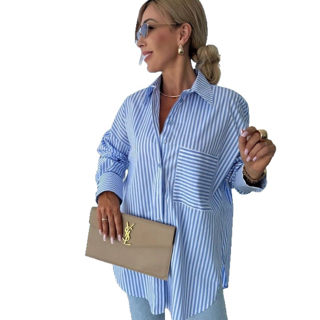 Women's Casual Loose Striped Long-Sleeve Button-Front Shirt with Pockets
