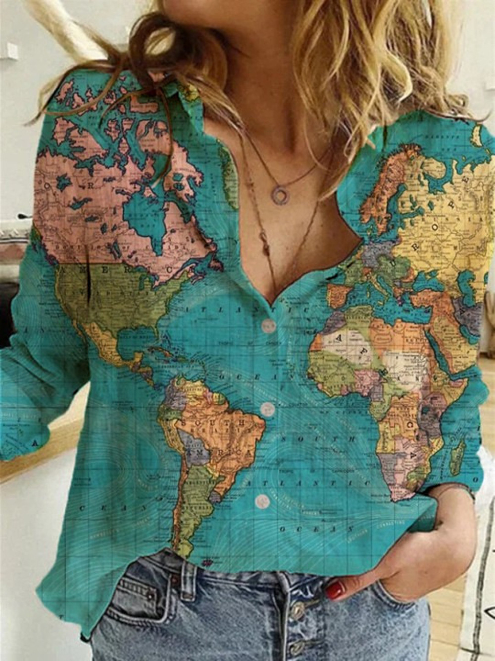 Map Print Long Sleeve Button-Down Shirt