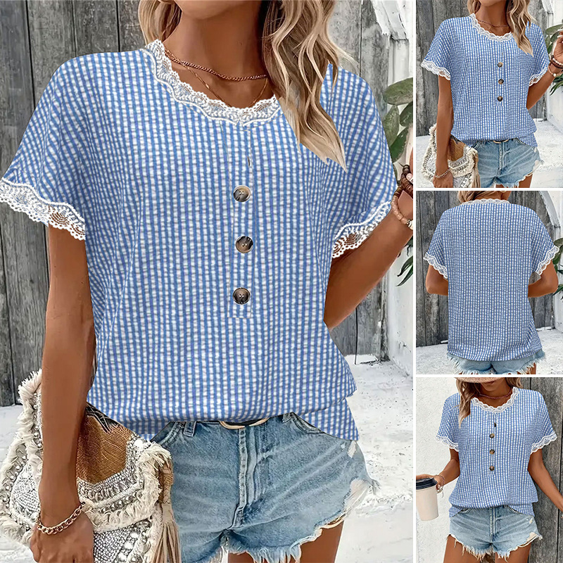 Women's Striped Lace-Trim Round Neck Blouse