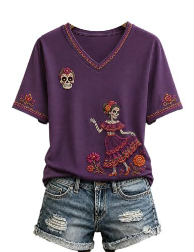 Skull Print Short Sleeve V-Neck Top for Women