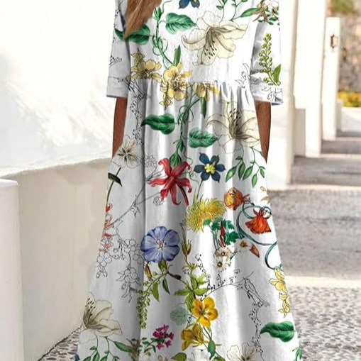 Women's Floral Print Ruched Short Sleeve Midi Dress