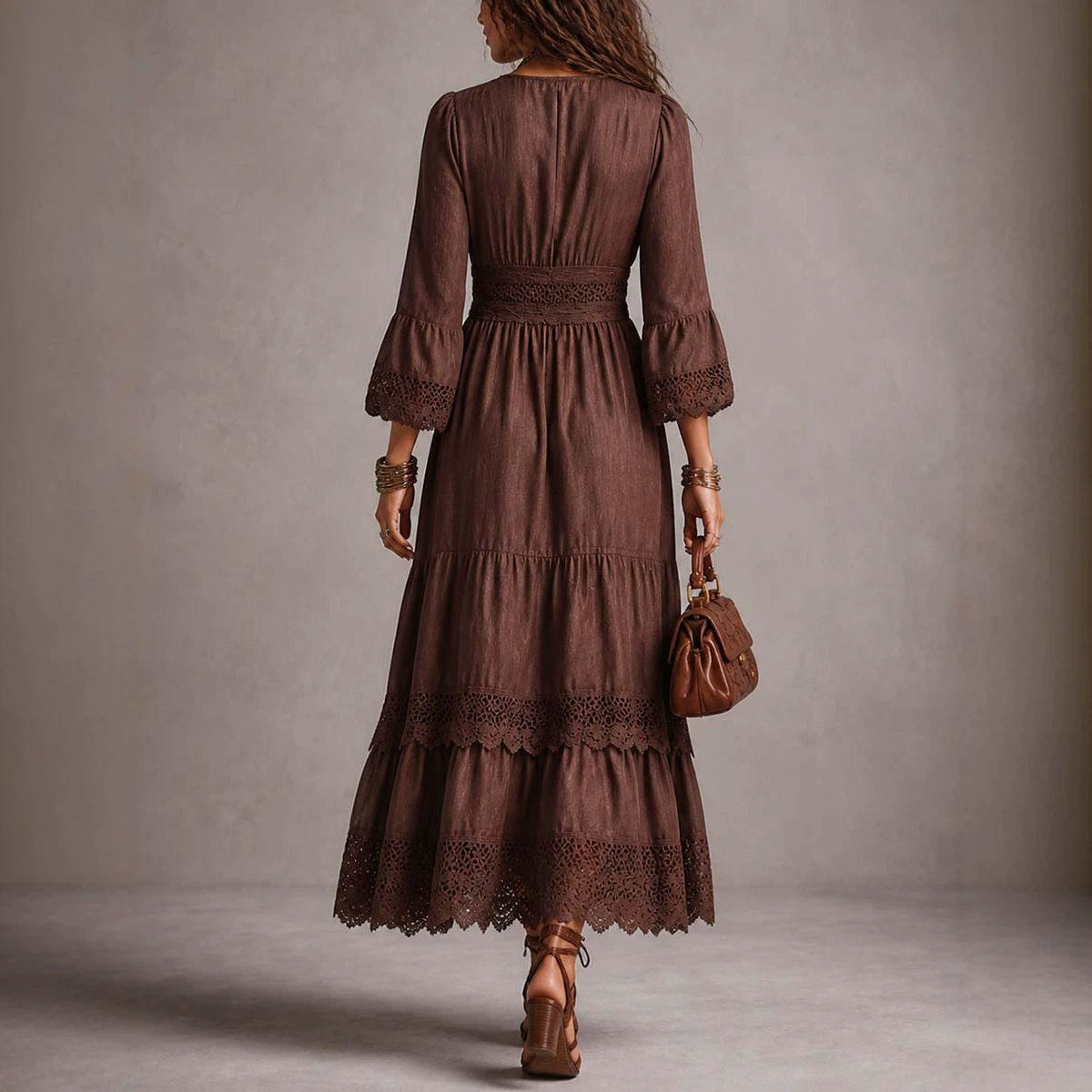 V-Neck Puff Sleeve Lace Panel Tie-Waist Long Dress