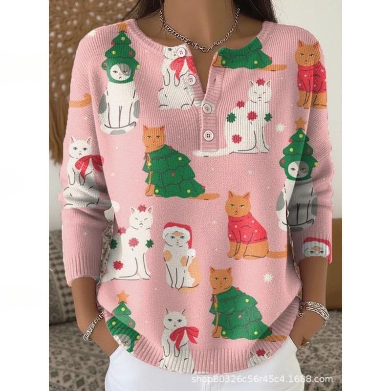 Women's Retro 3D Digital Print Four-Button Stand Collar T-Shirt