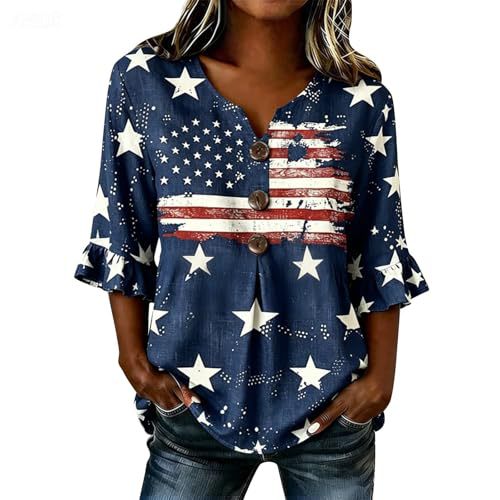 Women's American Flag Print Short Sleeve Button-Up Shirt