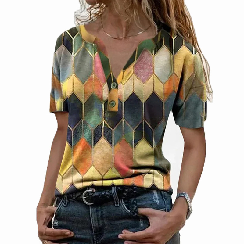 Women's Summer Short Sleeve V-Neck Color Block Print T-Shirt