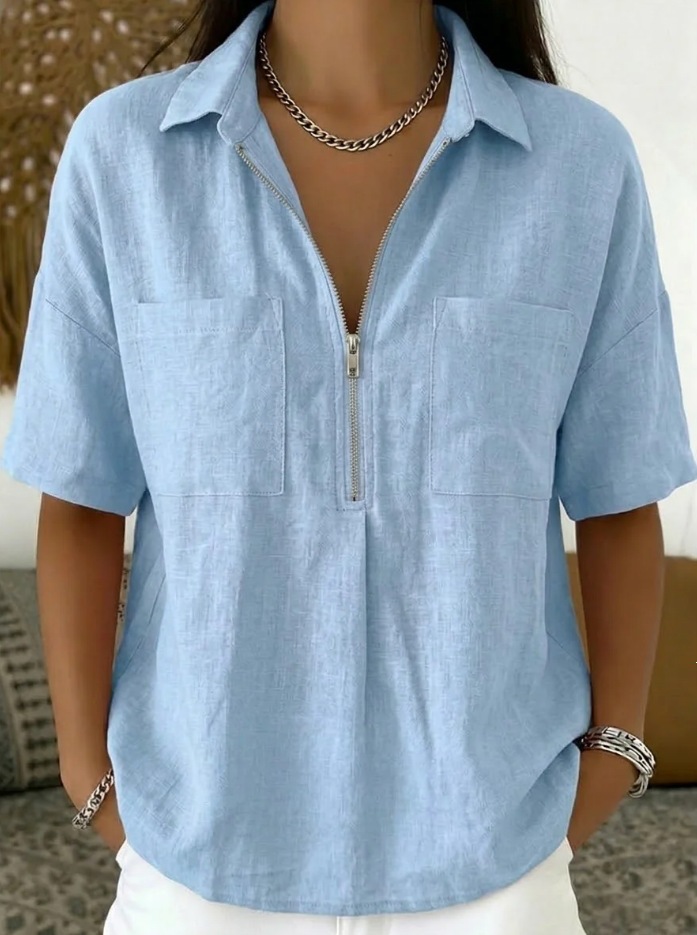 Loose Fit Short Sleeve V-Neck Zip Solid T-Shirt