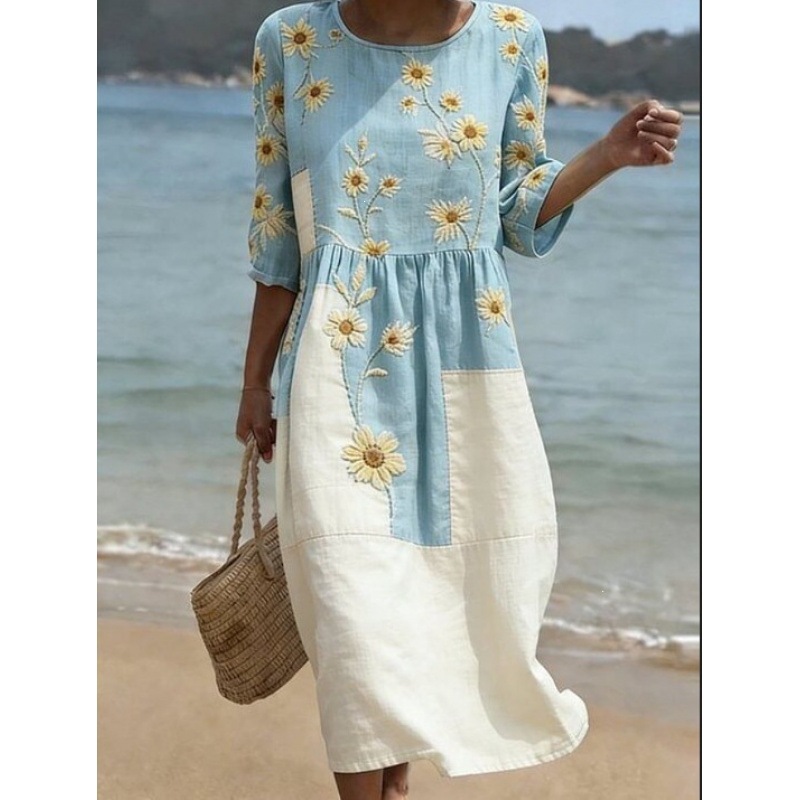 Women's Midi A-Line Dress with Side Pockets, Round Neck, Long Sleeves, Loose Fit, 3D Print, Beach Vacation
