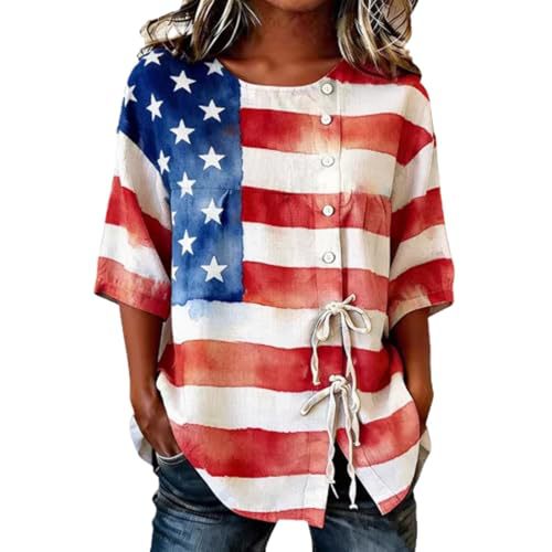 Women's American Flag Heart Star Print Short Sleeve Shirt