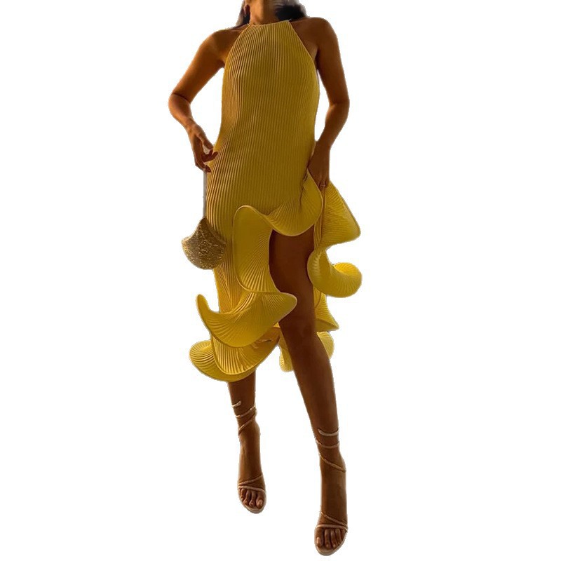 Women's Sleeveless Halter Neck Ruffle Trim Slit Pleated Dress
