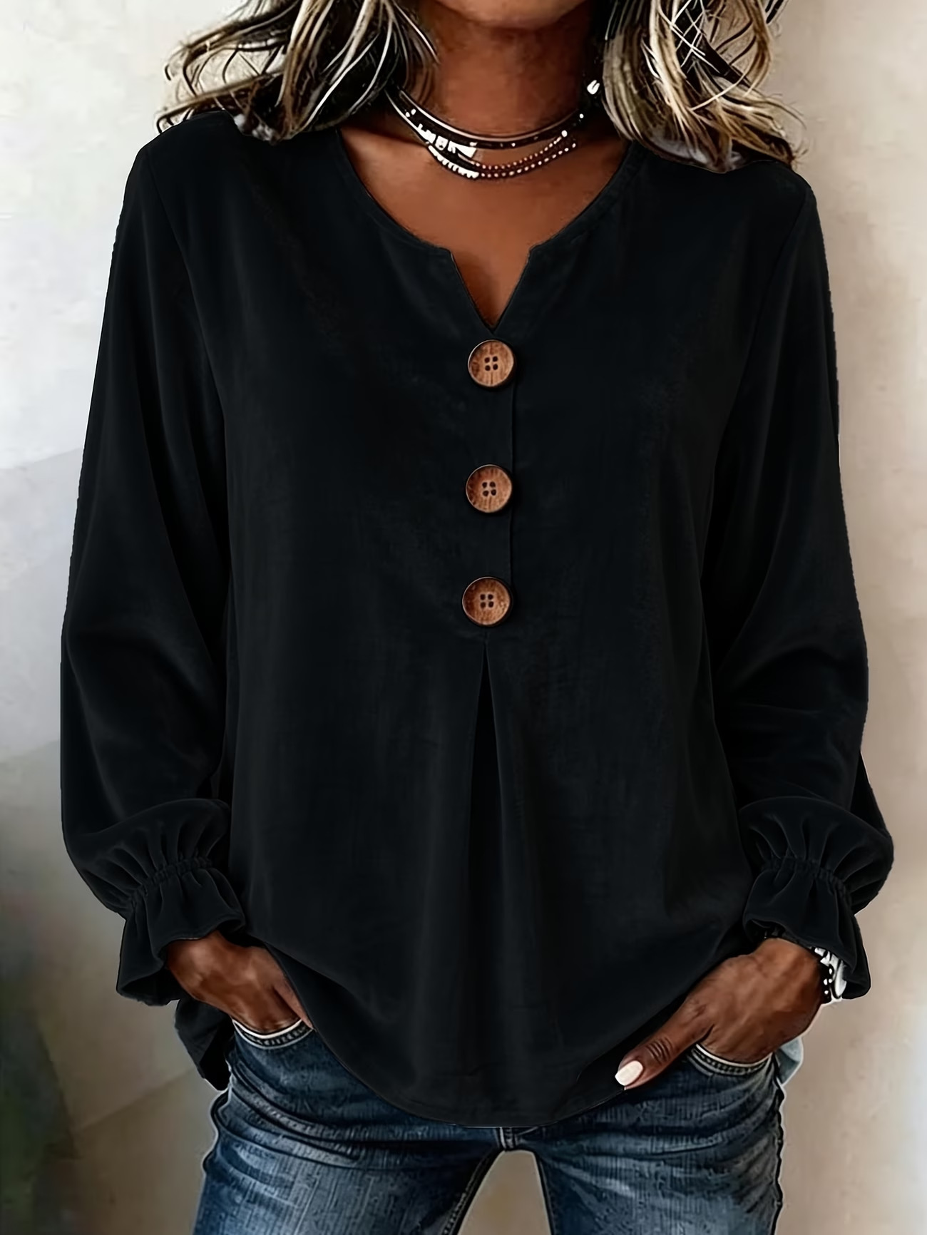 Velvet V-Neck Button-Front Long-Sleeve Blouse