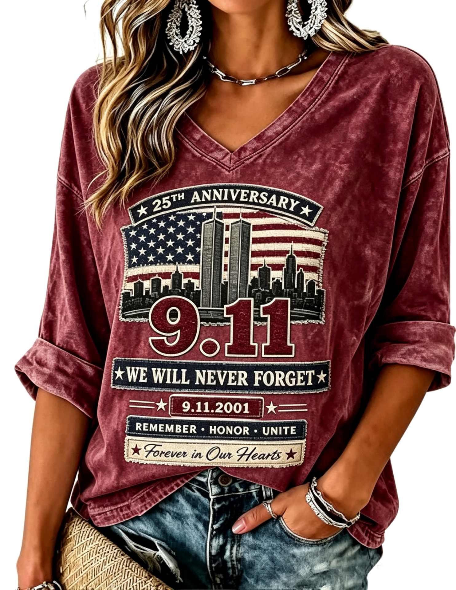 Women's Twin Towers Print Mid-Sleeve Blouse