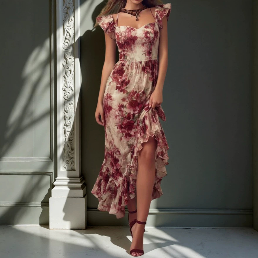Romantic Floral Print Square Neck Asymmetric Dress
