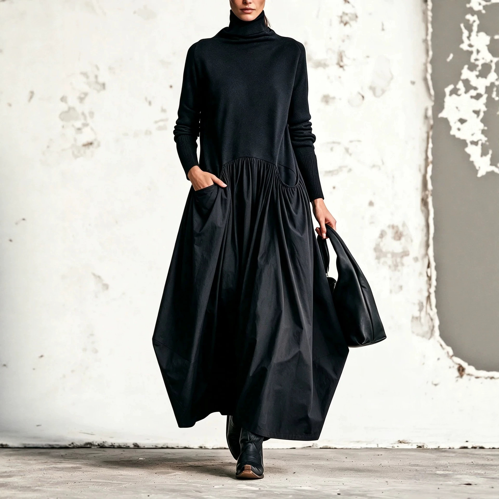 Women's High Neck Knit Spliced Ruched Asymmetrical Maxi Dress with Pockets
