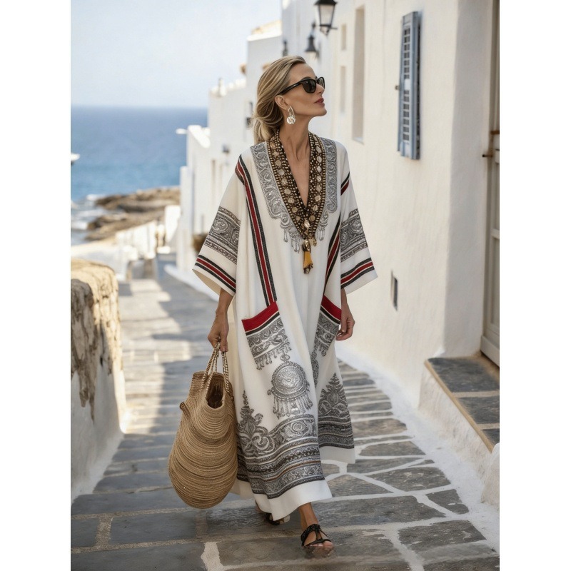 Women's Animal Print A-Line Midi Dress Long Sleeve Crew Neck Casual