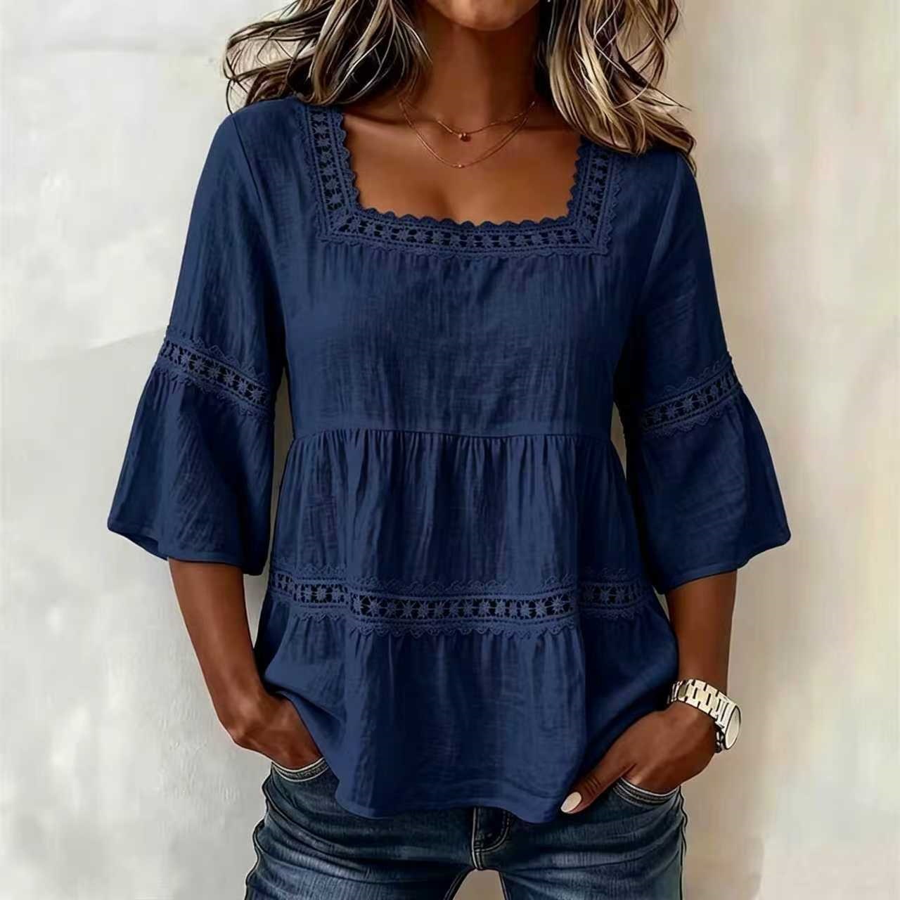 Women's Square Neck Cotton-Linen Lace Trim 3/4 Sleeve Top