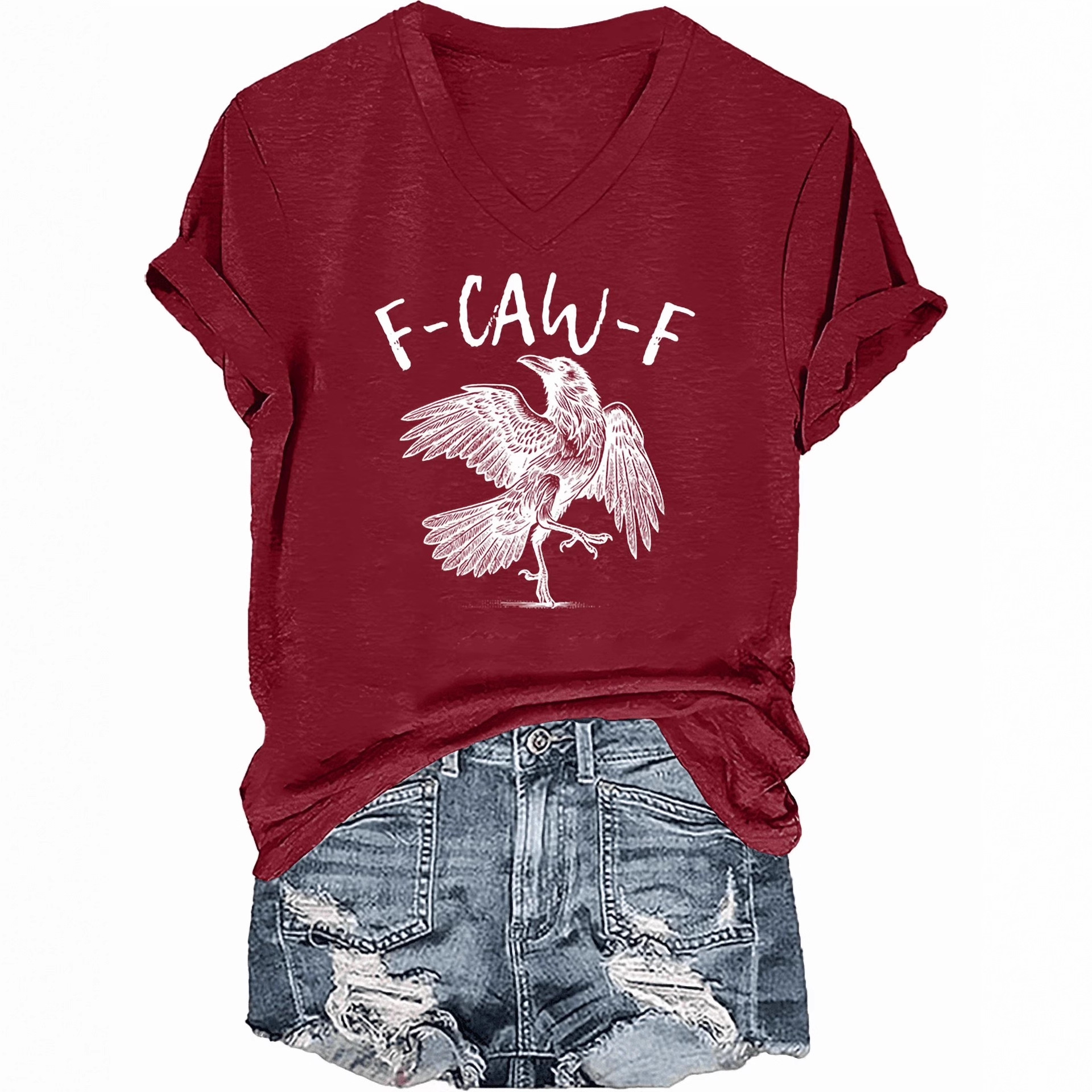 Flying Raven Graphic V-Neck Short Sleeve T-Shirt for Women