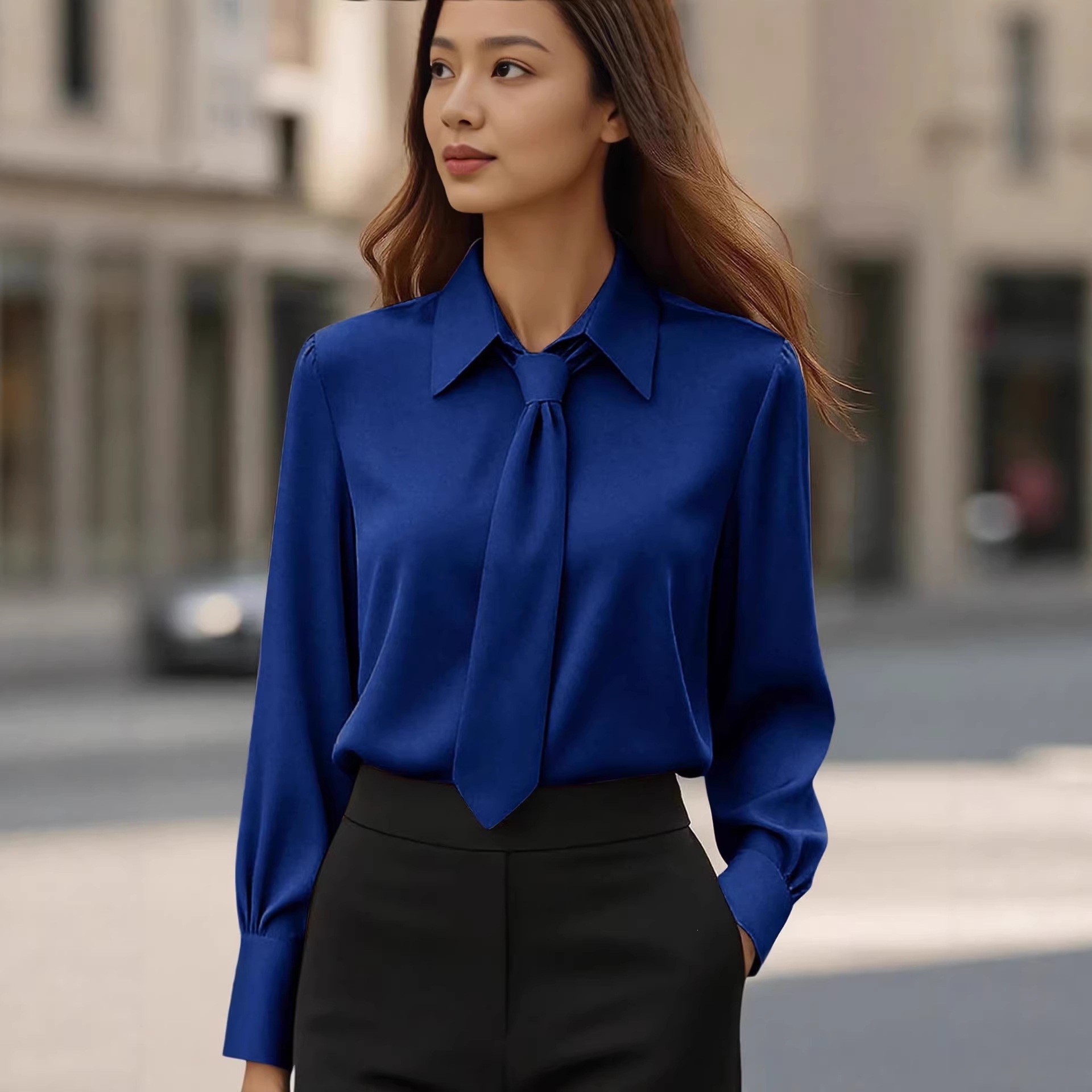 Women's Solid Color Tie-Neck Long Sleeve French Shirt