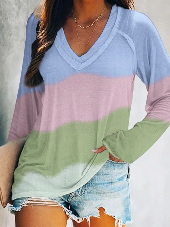Women's Tie-Dye Gradient V-Neck Long Sleeve T-Shirt