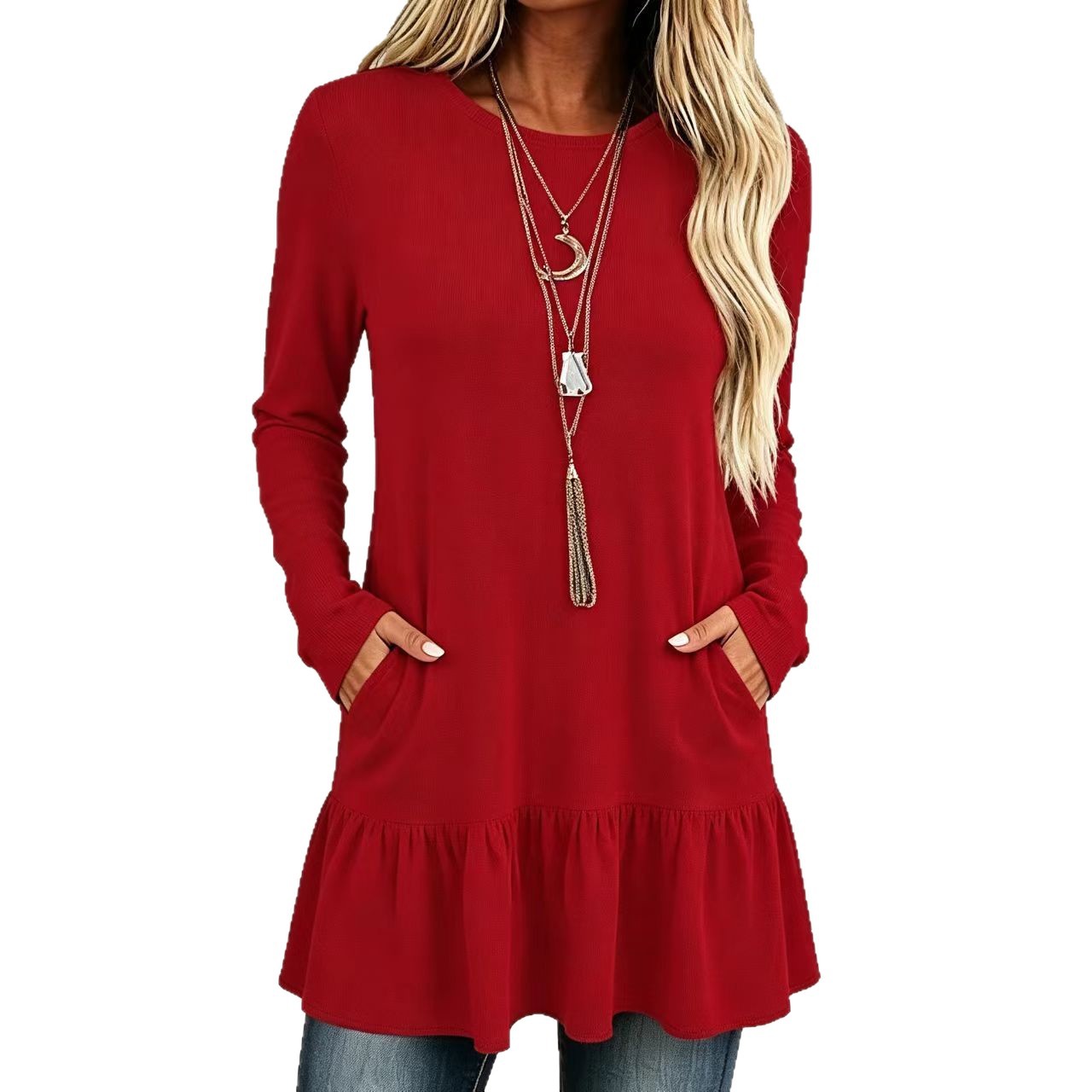 Women's Loose Ruffle Hem Long Sleeve T-Shirt with Pockets