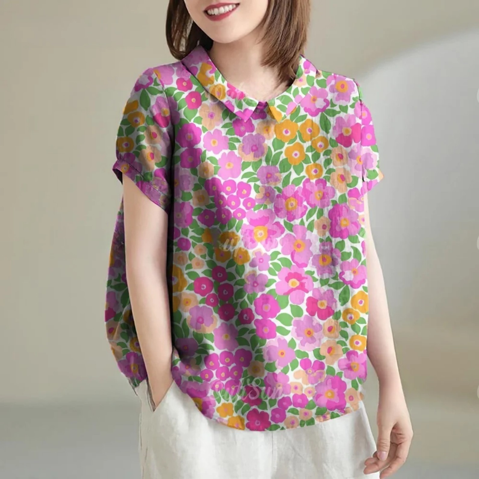 Women's Fresh Floral Print Short Sleeve Button-Up Shirt