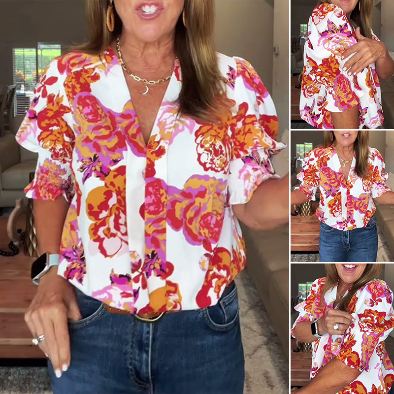 Women's Puff Sleeve Floral Print V-Neck Blouse Elegant Top