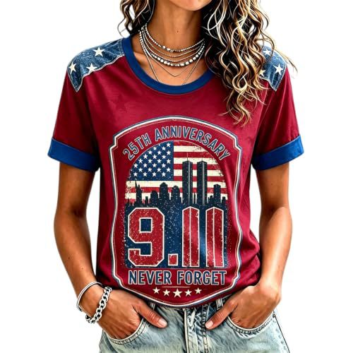 911 Twin Towers Ribbon Flag Print Short Sleeve T-Shirt