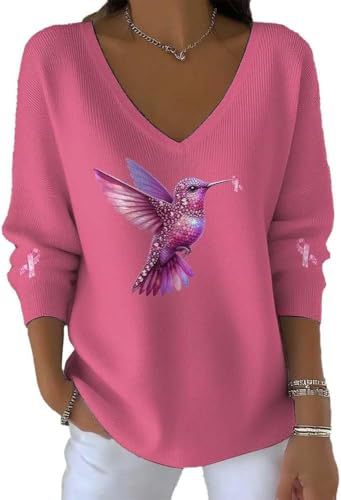 Women's Bird Ribbon Print V-Neck Long Sleeve T-Shirt