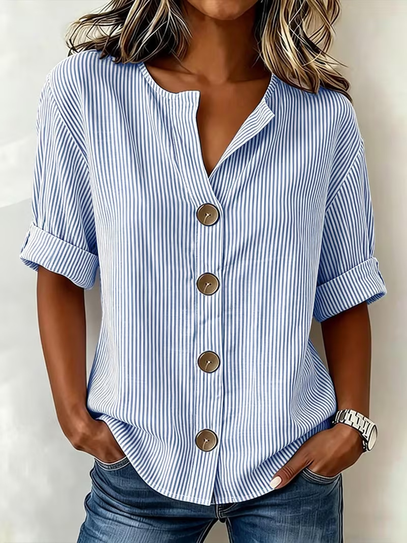 Women's Retro Striped Print Mid-Sleeve Blouse