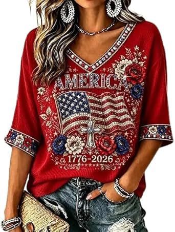 Women's American Flag Firework Print V-Neck Short Sleeve T-Shirt