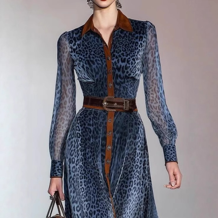 Mesh Digital Print Collared Cardigan Belted Long Dress