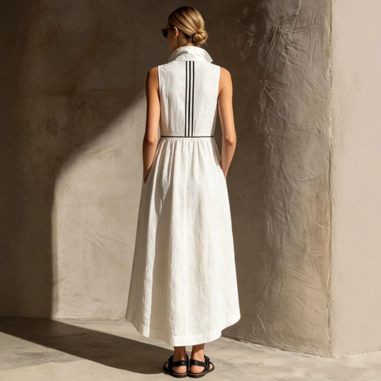 Striped White Cotton Linen Sleeveless Midi Dress with Ribbon