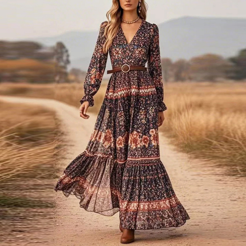 Women's Long Sleeve V-Neck Floral Print Maxi Dress with Lantern Sleeves and High Waist